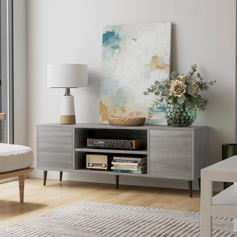 JUMMICO TV Stand for 65 Inch TV, Mid Century Modern TV Stand, Entertainment Center with Storage Cabinet and Open Shelves, TV Console Table Media Cabinet for Living Room, and Bedroom (Light Gray) - Image 1